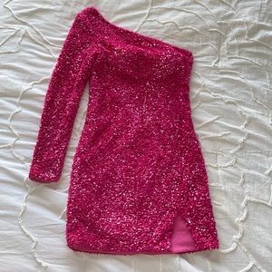 One Shoulder Pink Glitter Sequins Homecoming Dress